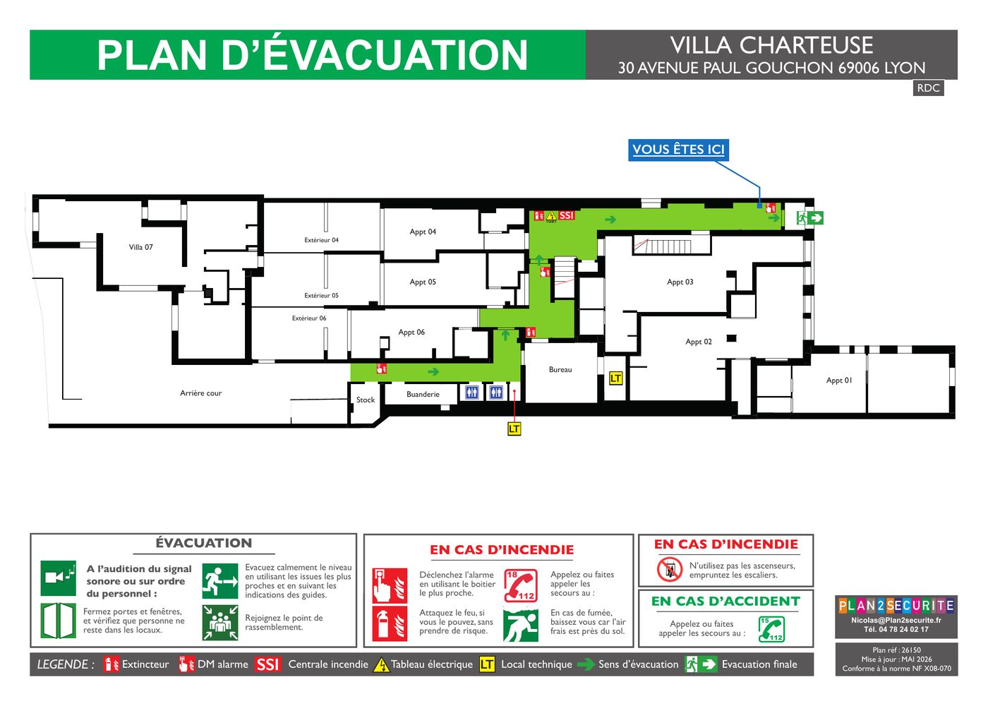 Plan de sécurité incendie : plan d'évacuation de la Villa Charteuse à Lyon, conforme à la norme NF X 08-070